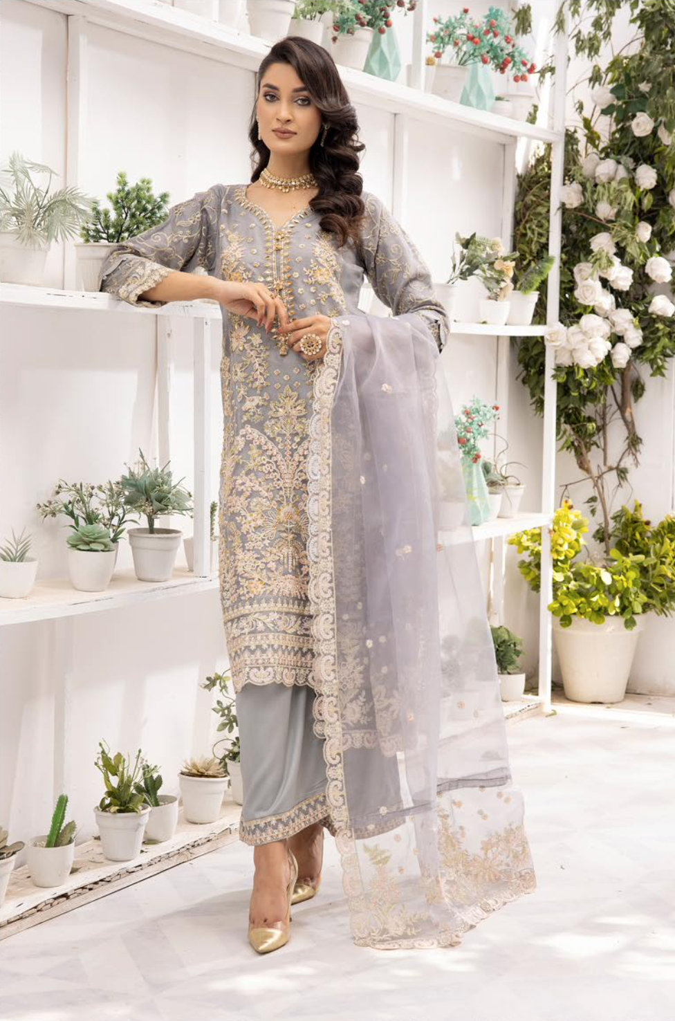 Grey 'Noor' Organza Ladies Suit