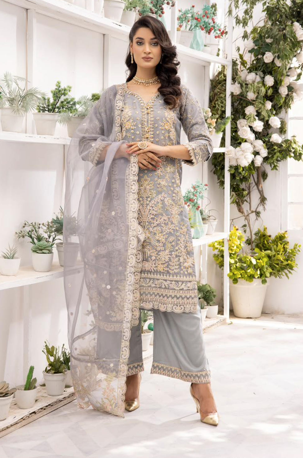 Grey 'Noor' Organza Ladies Suit