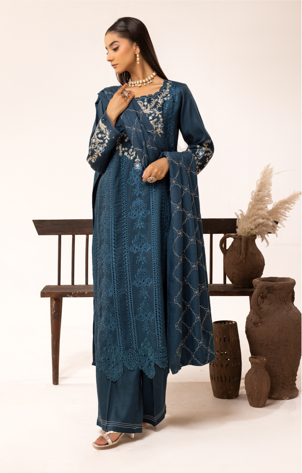 Dark Teal Blue 'Ivy Kari' Dhanak Ladies Suit