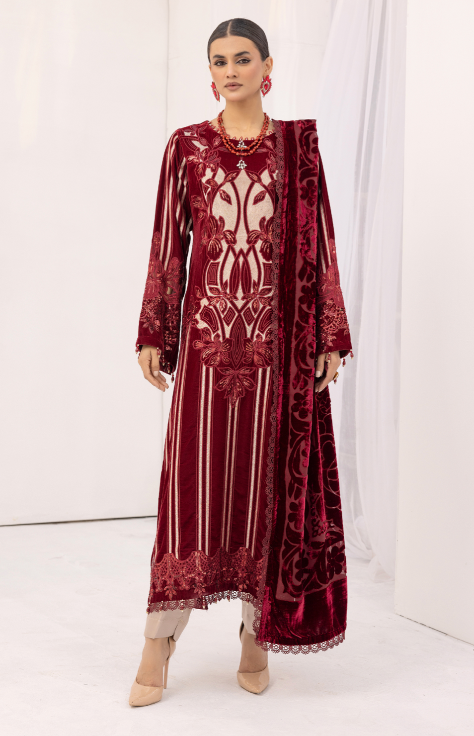 Maroon Red and Gold Maria B Design Velvet Ladies Suit