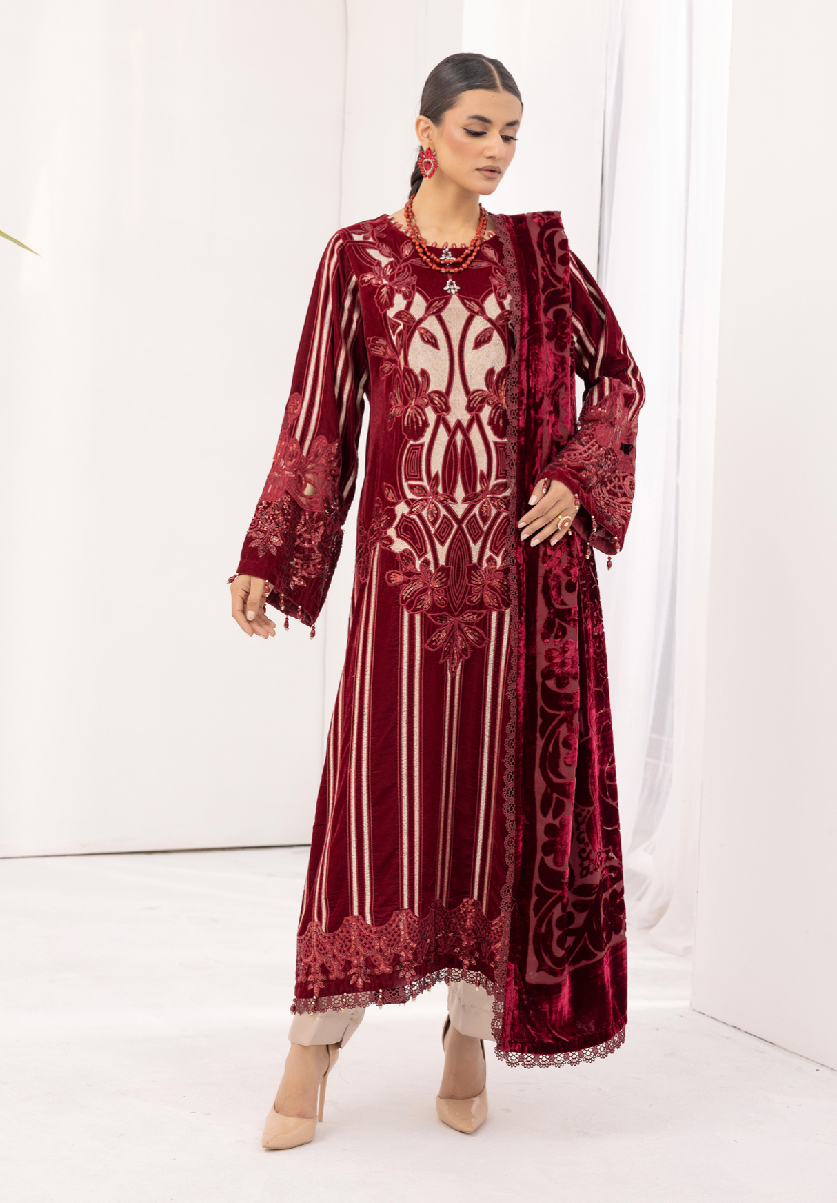 Maroon Red and Gold Maria B Design Velvet Ladies Suit