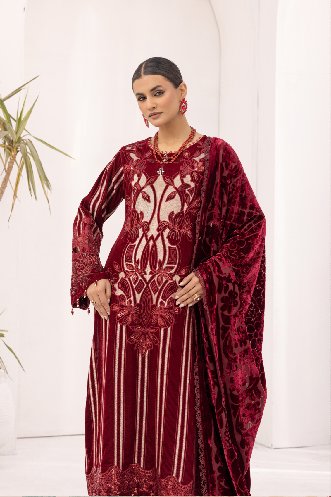 Maroon Red and Gold Maria B Design Velvet Ladies Suit