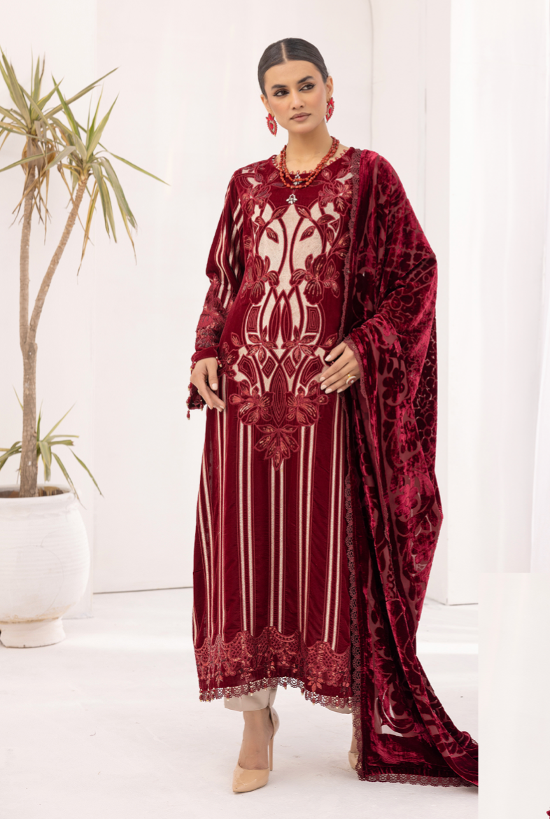 Maroon Red and Gold Maria B Design Velvet Ladies Suit