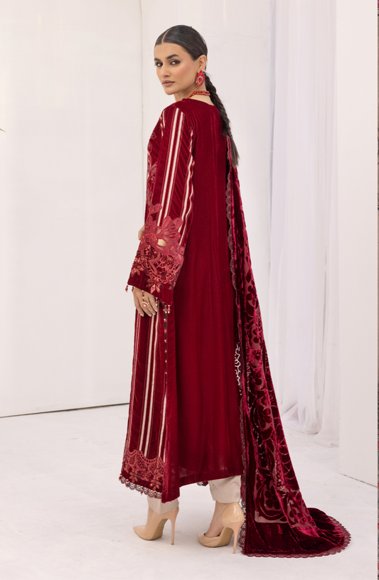 Maroon Red and Gold Maria B Design Velvet Ladies Suit