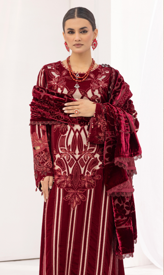 Maroon Red and Gold Maria B Design Velvet Ladies Suit