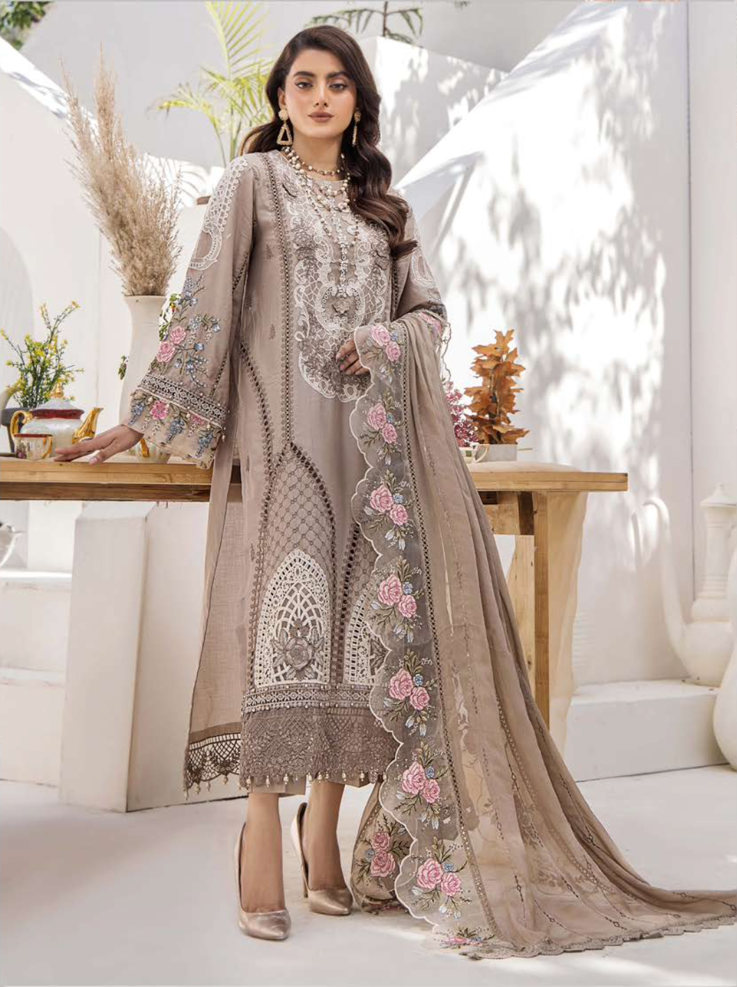 Light Beige Brown Maria B Design Linen Ladies Suit
