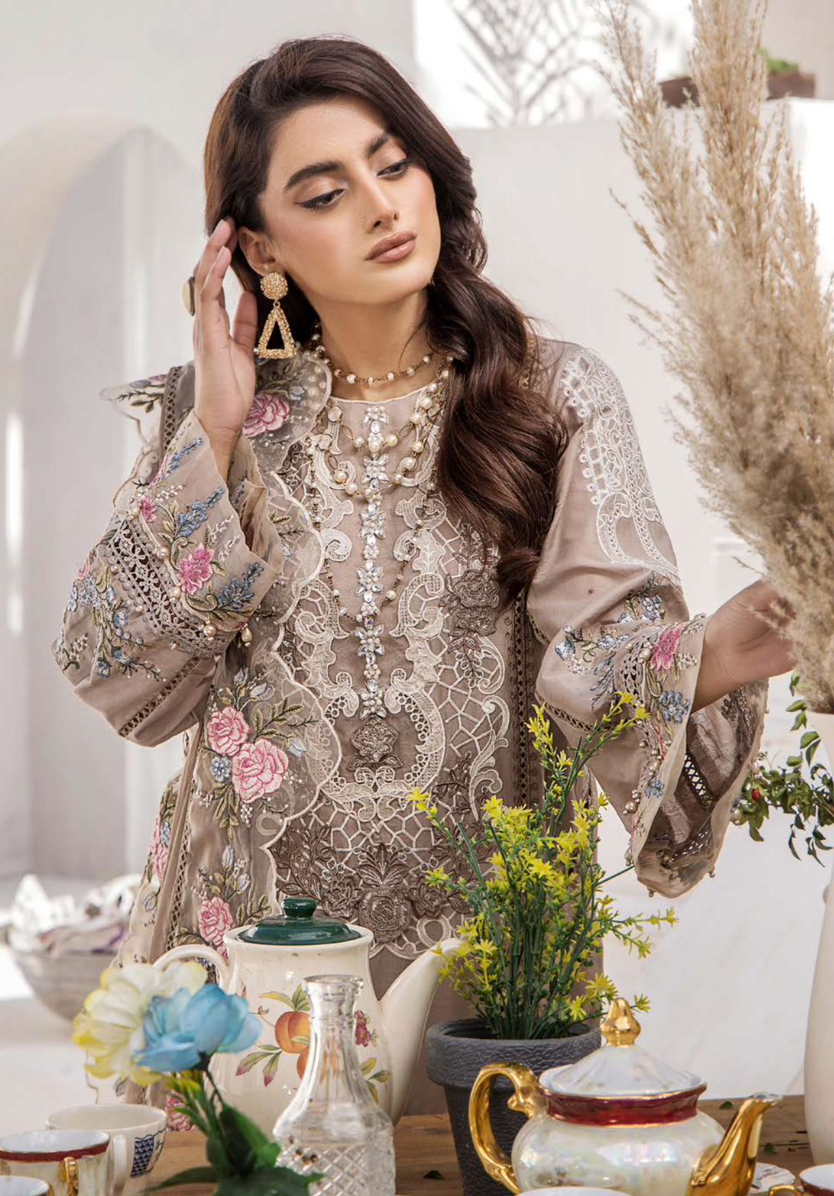 Light Beige Brown Maria B Design Linen Ladies Suit