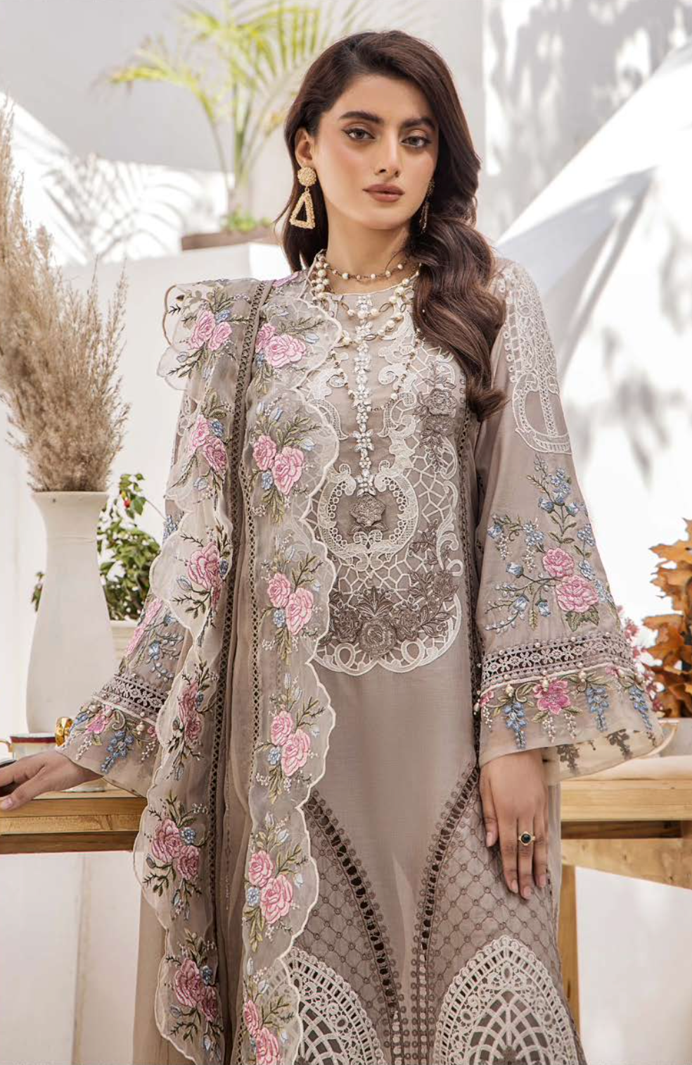 Light Beige Brown Maria B Design Linen Ladies Suit