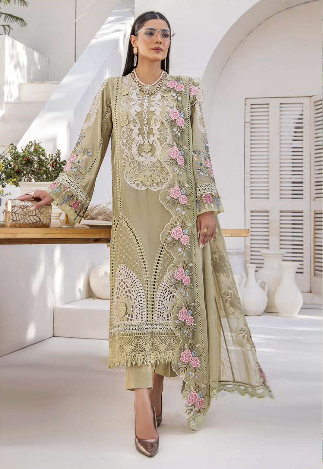 Olive Green Maria B Design Linen Ladies Suit