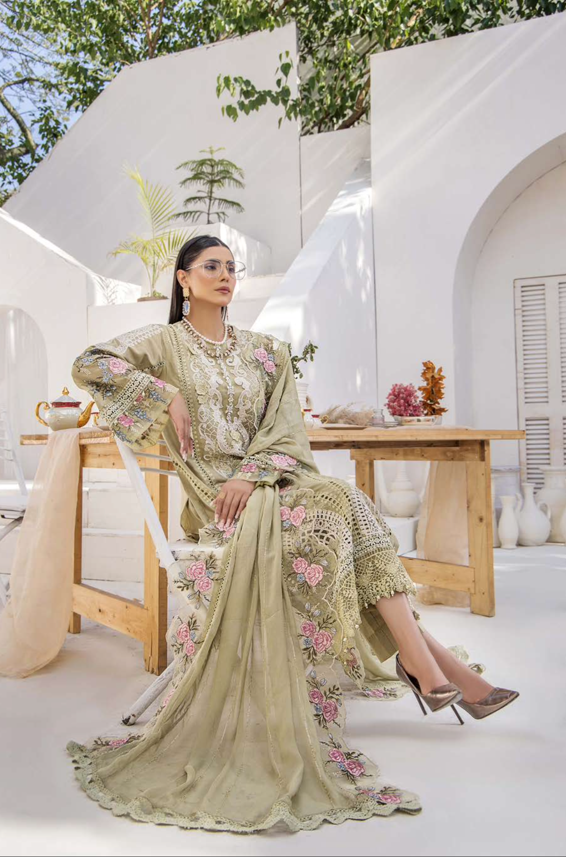 Olive Green Maria B Design Linen Ladies Suit