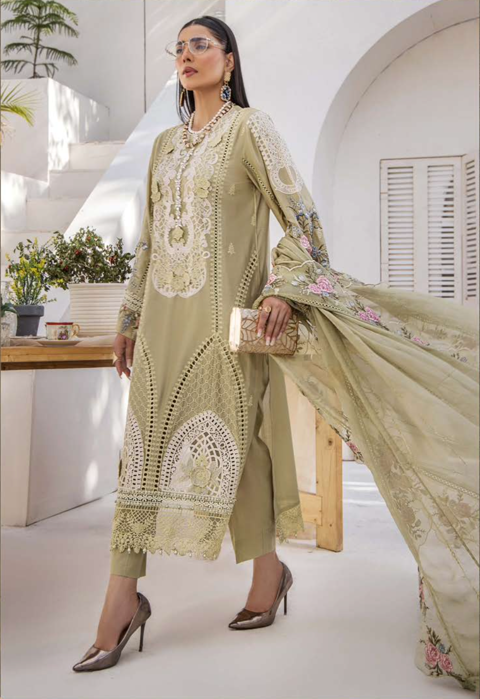 Olive Green Maria B Design Linen Ladies Suit