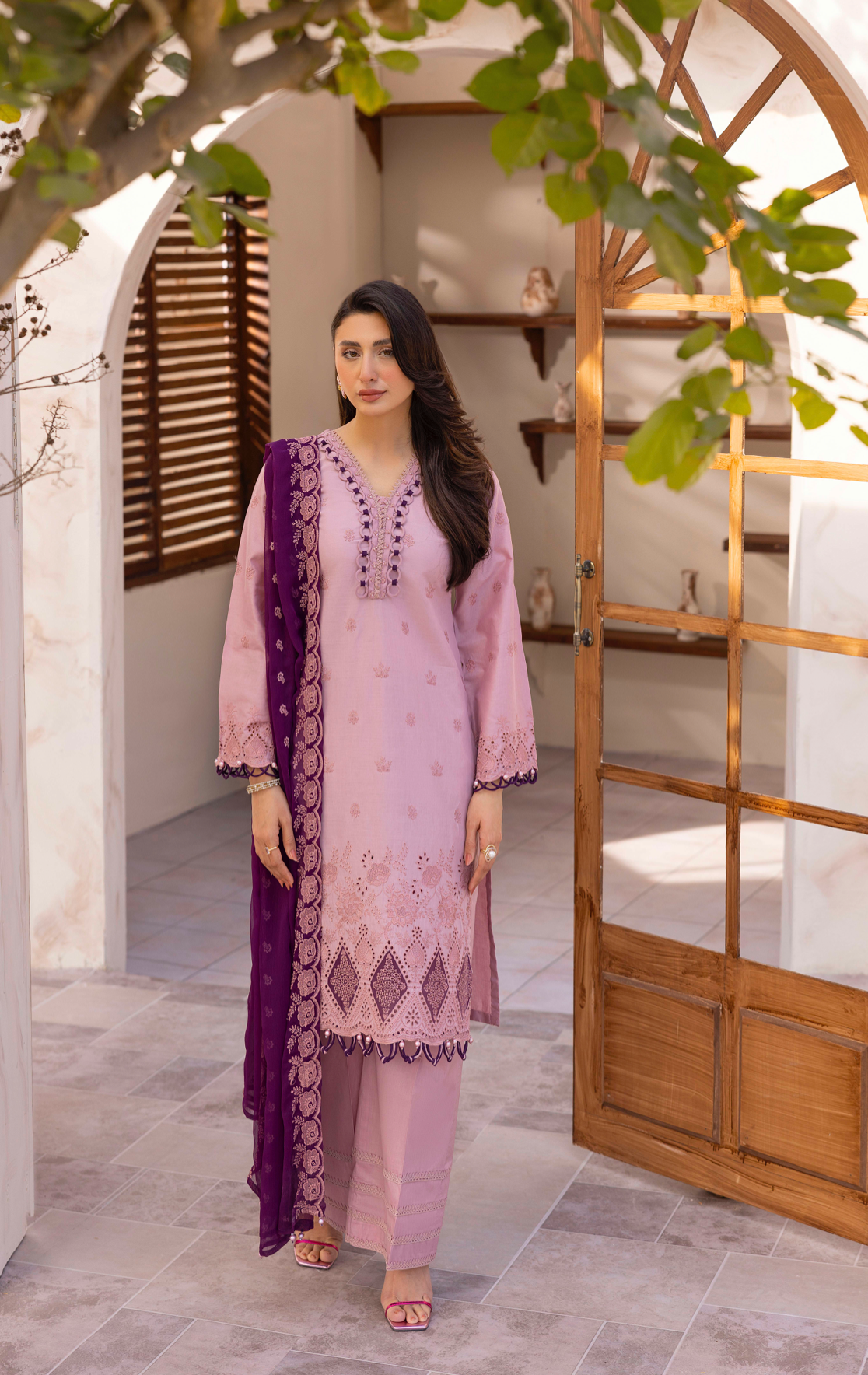 Lilac Pink 'Schiffli' Cotton Ladies Suit