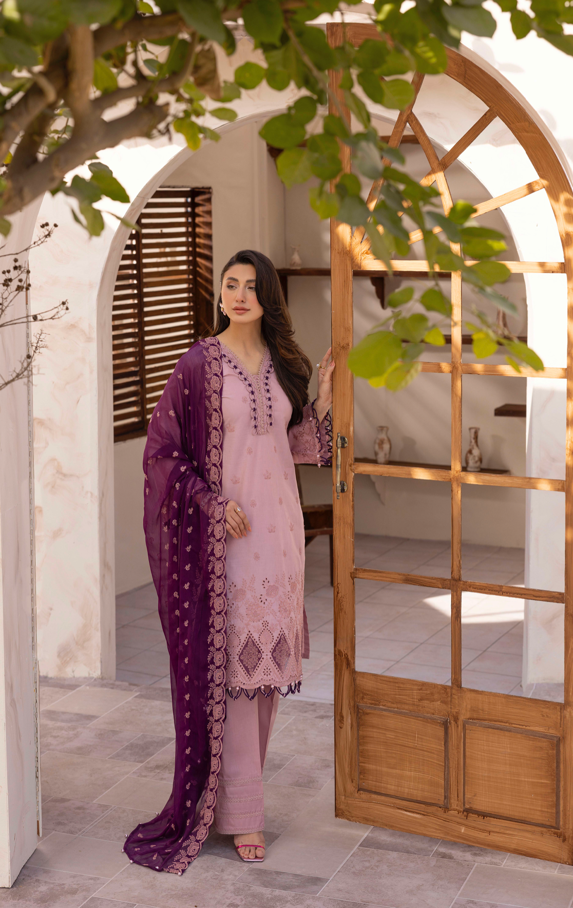 Lilac Pink 'Schiffli' Cotton Ladies Suit