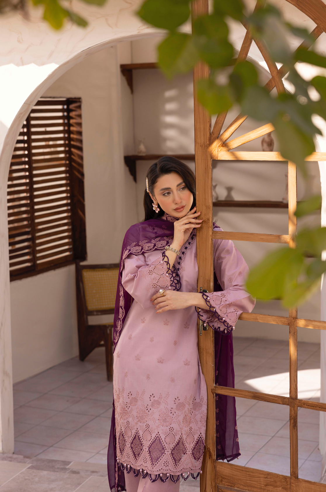 Lilac Pink 'Schiffli' Cotton Ladies Suit