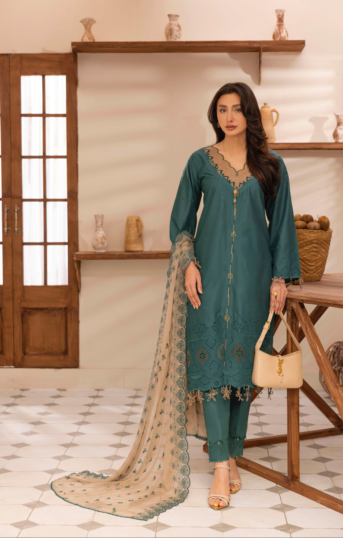 Dark Teal 'Schiffli' Cotton Ladies Suit
