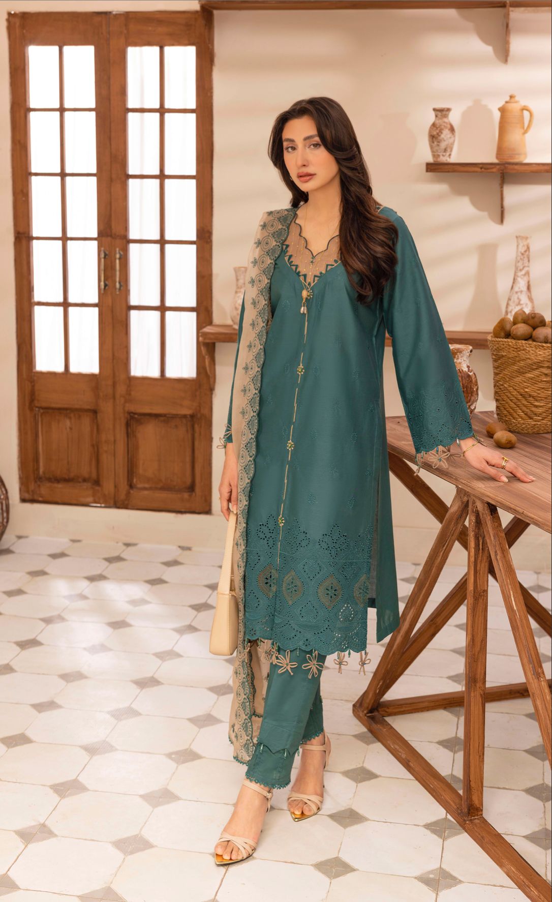 Dark Teal 'Schiffli' Cotton Ladies Suit