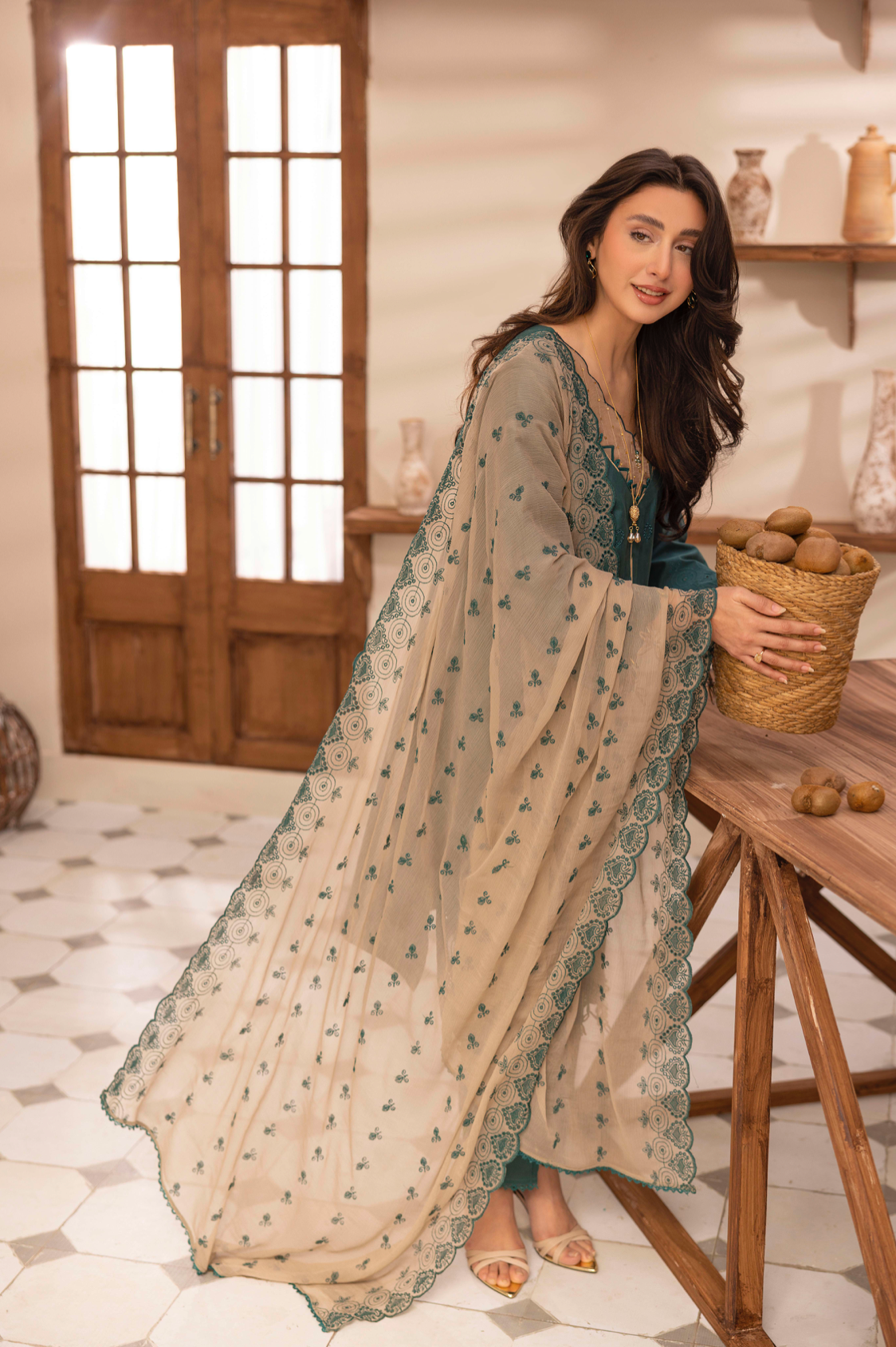 Dark Teal 'Schiffli' Cotton Ladies Suit