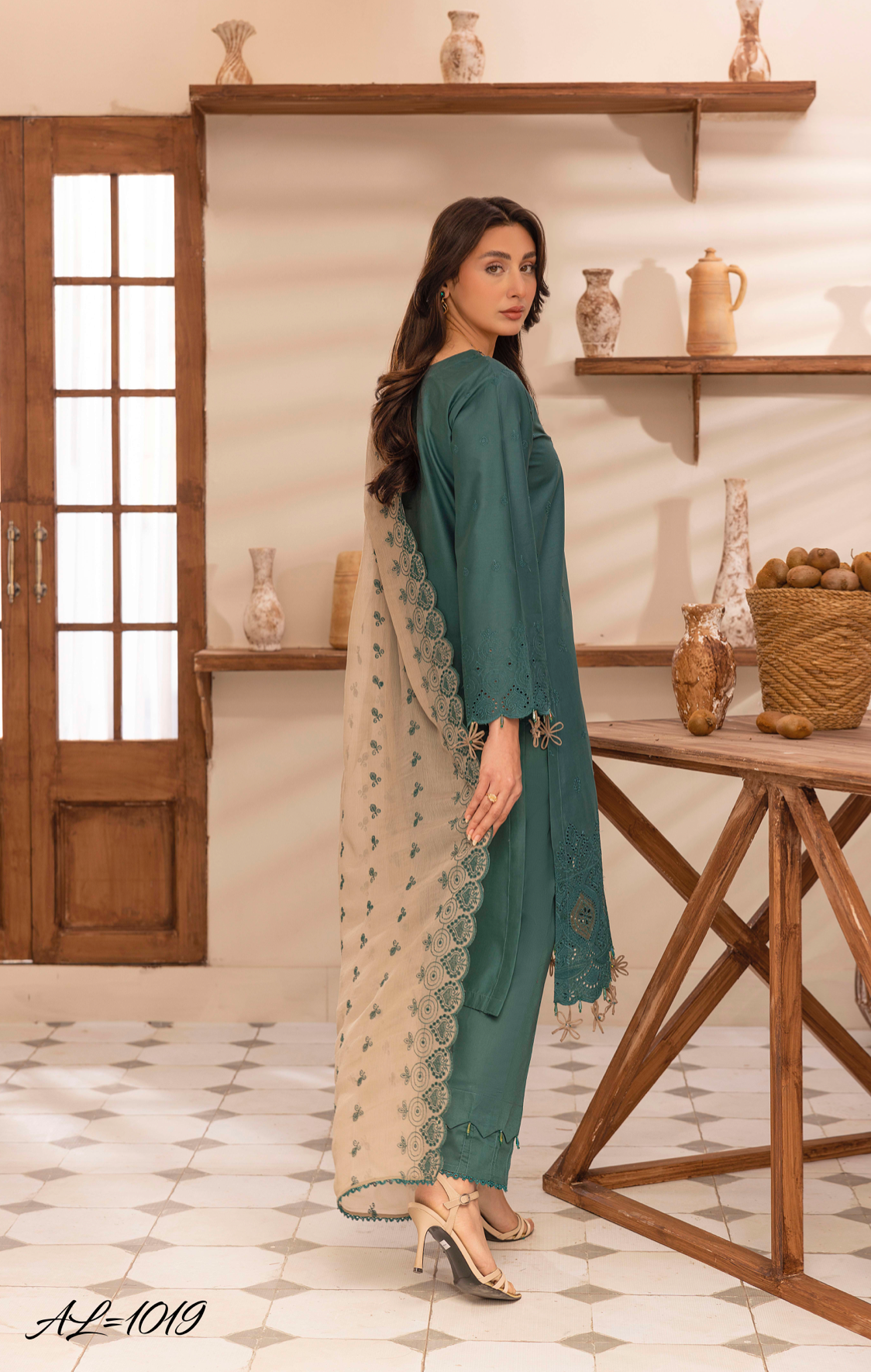 Dark Teal 'Schiffli' Cotton Ladies Suit