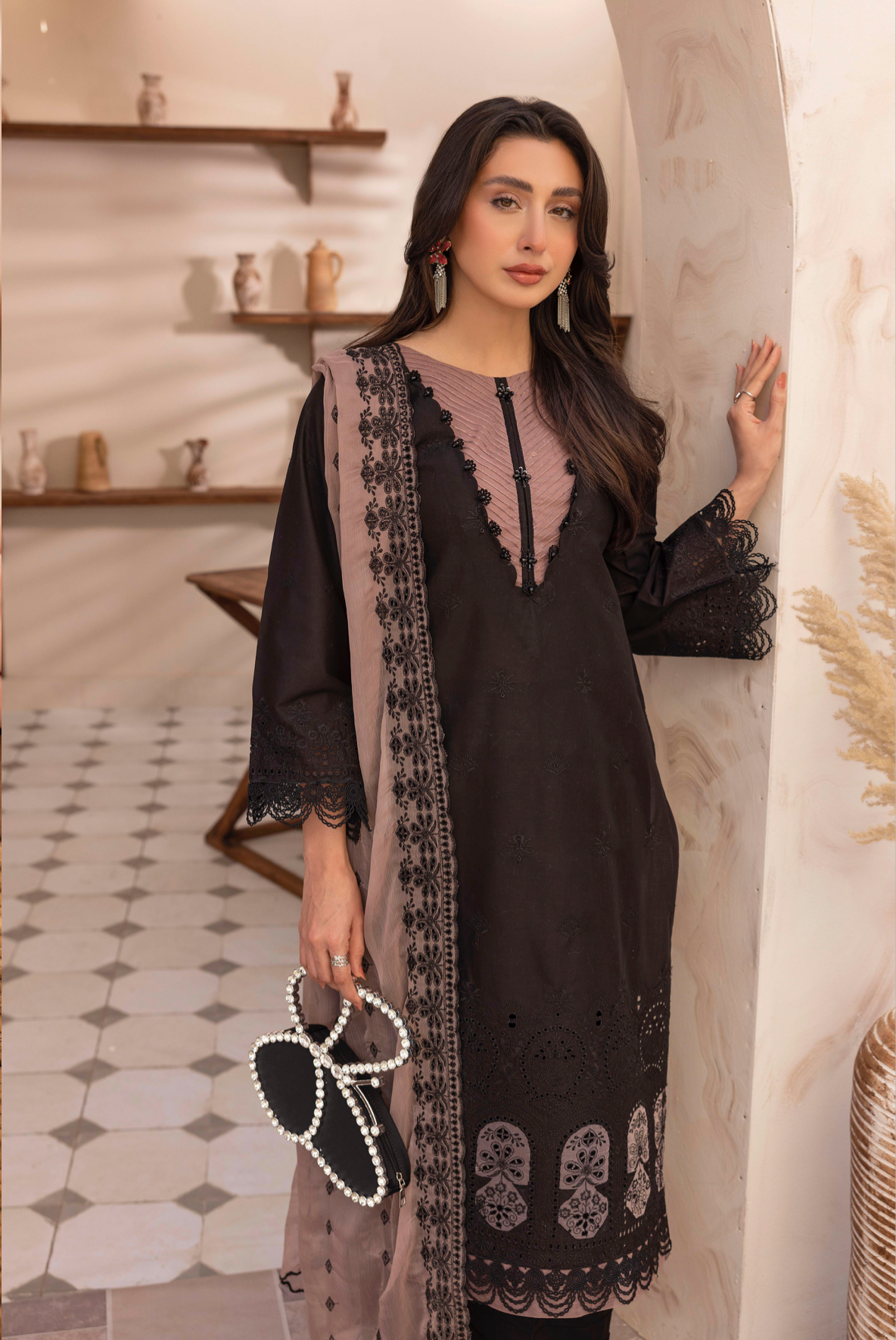 Black 'Schiffli' Cotton Ladies Suit
