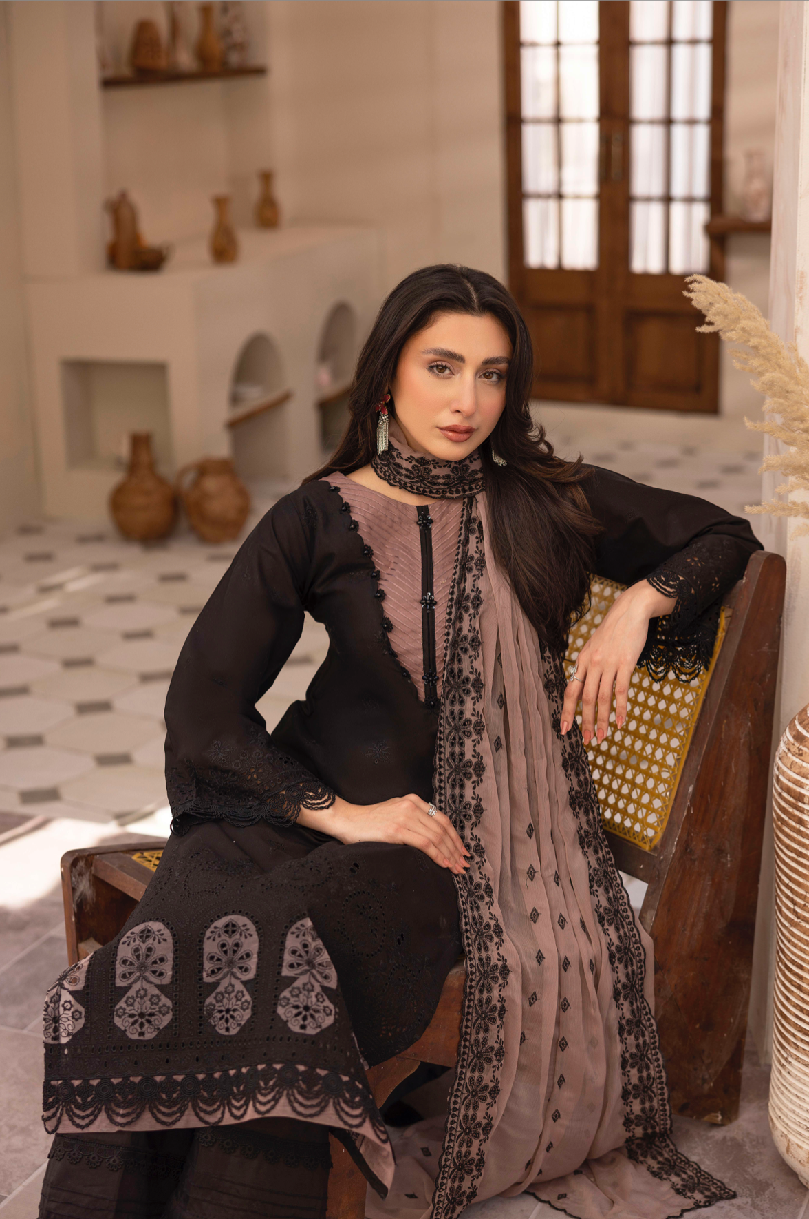 Black 'Schiffli' Cotton Ladies Suit