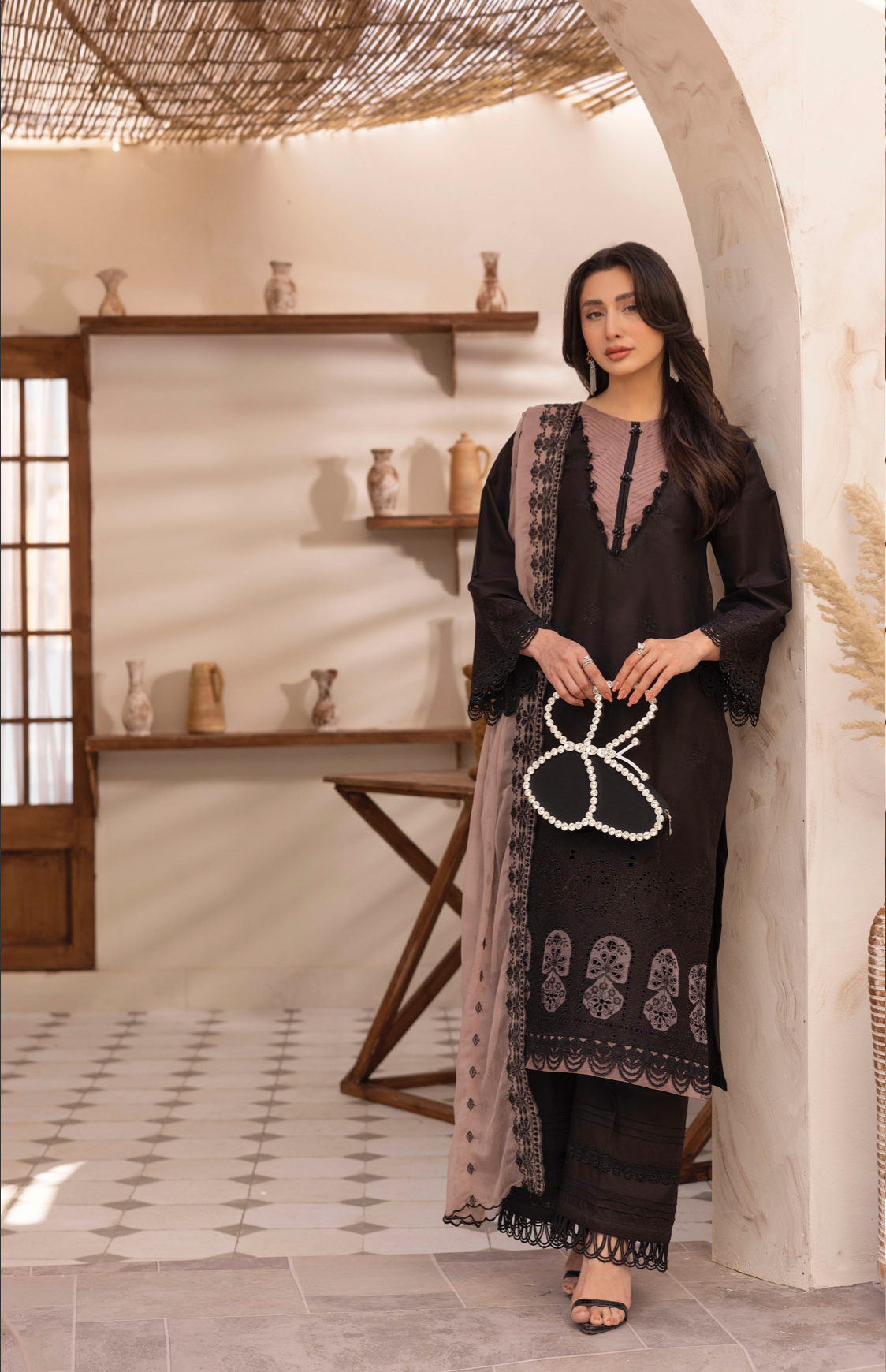 Black 'Schiffli' Cotton Ladies Suit
