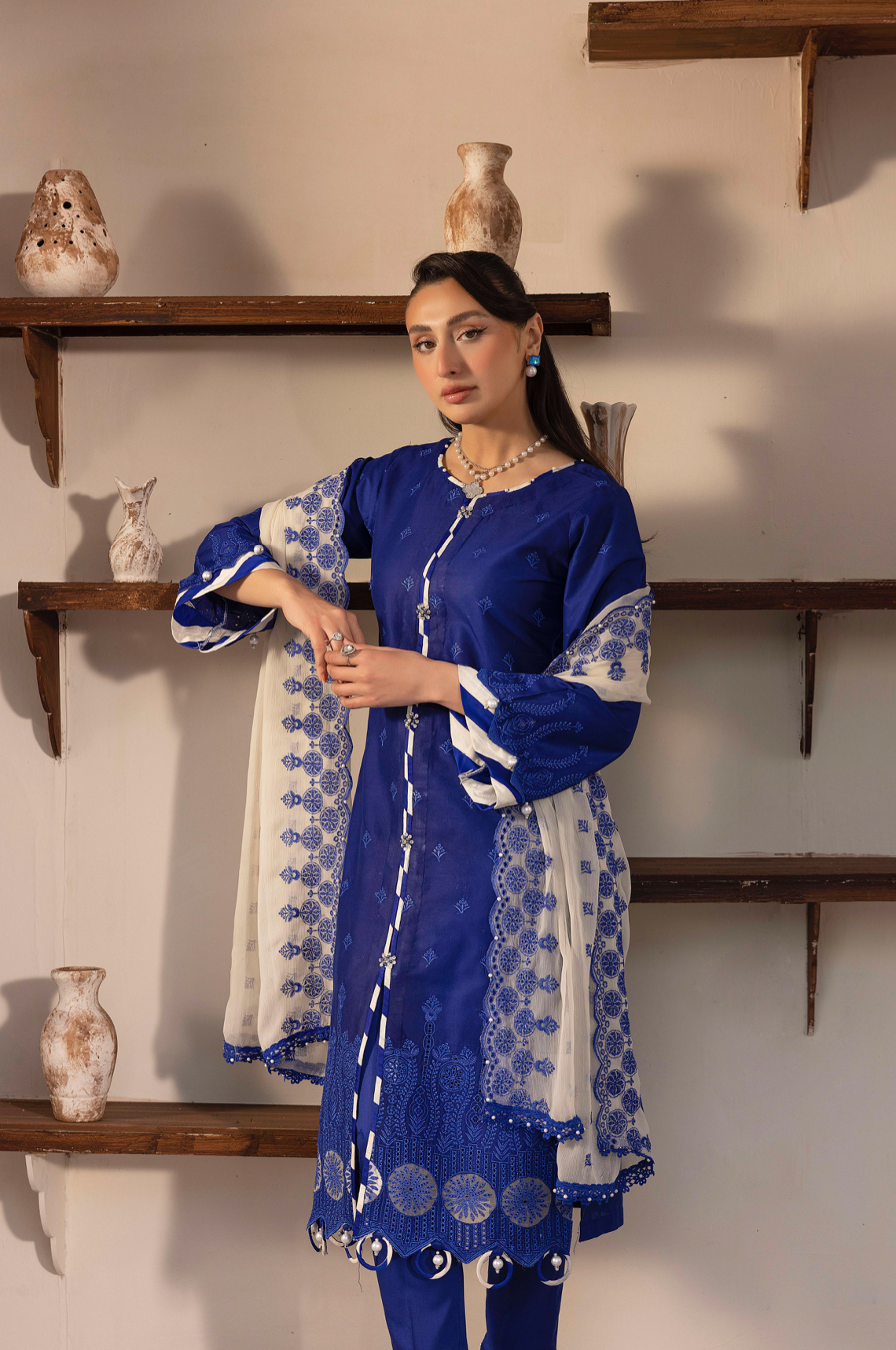 Royal Blue 'Schiffli' Cotton Ladies Suit