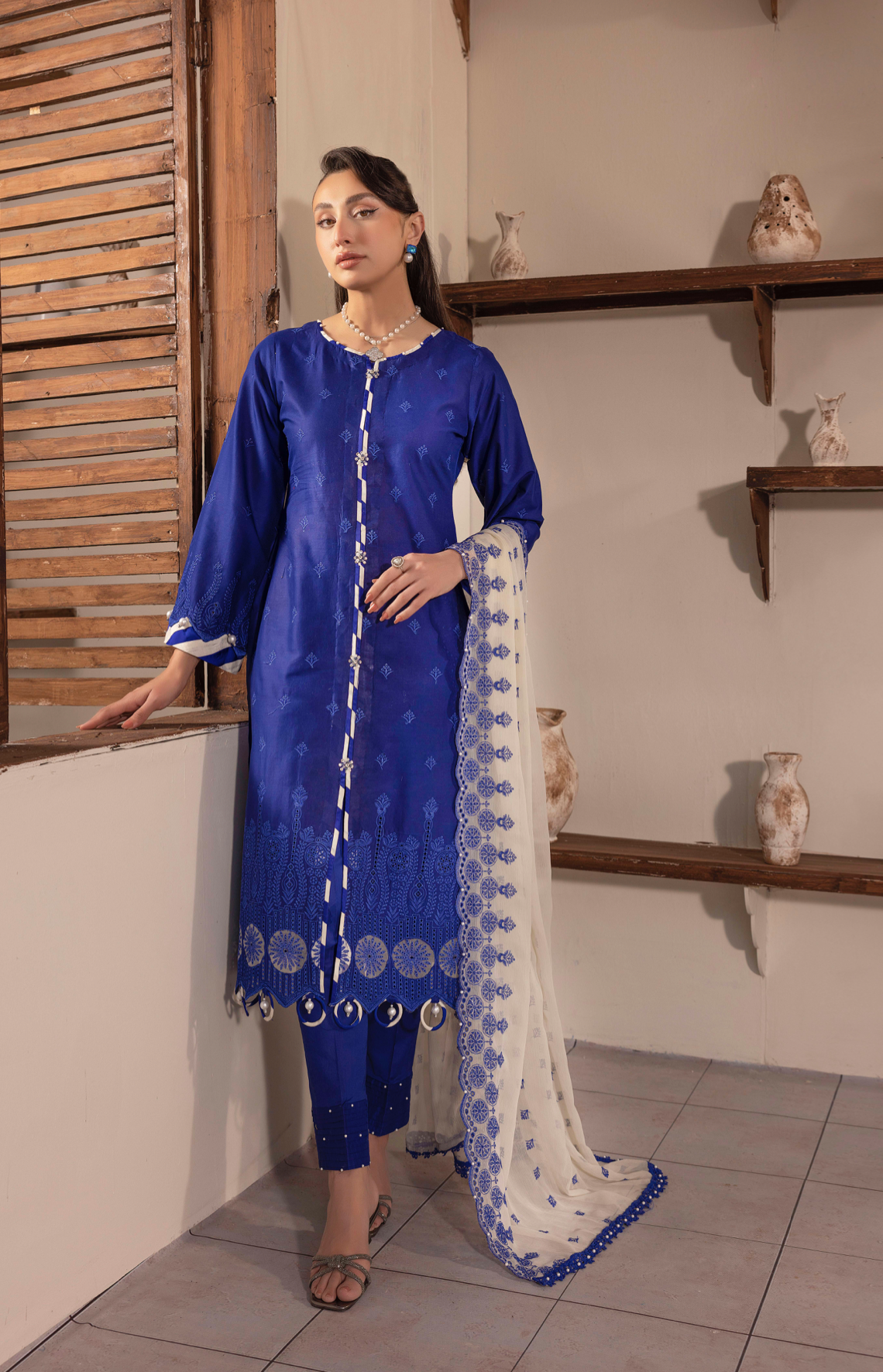 Royal Blue 'Schiffli' Cotton Ladies Suit