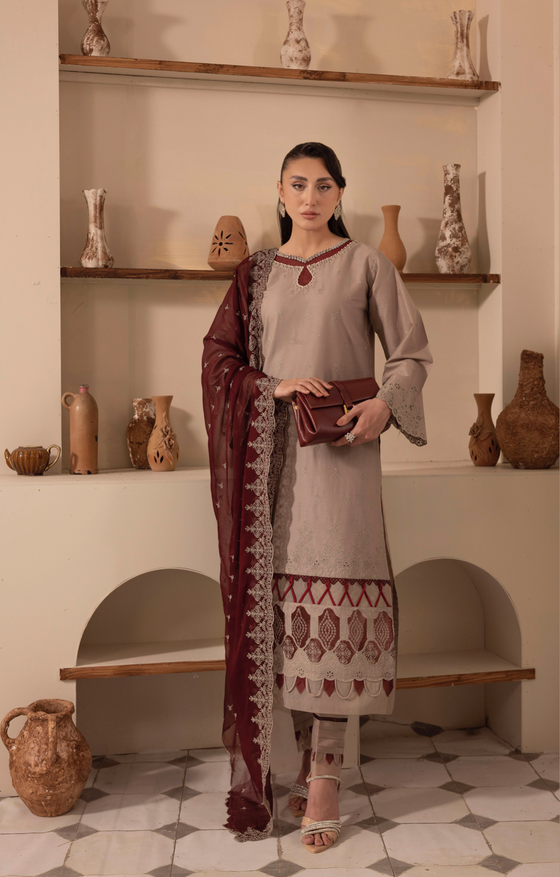 Stone Brown 'Schiffli' Cotton Ladies Suit