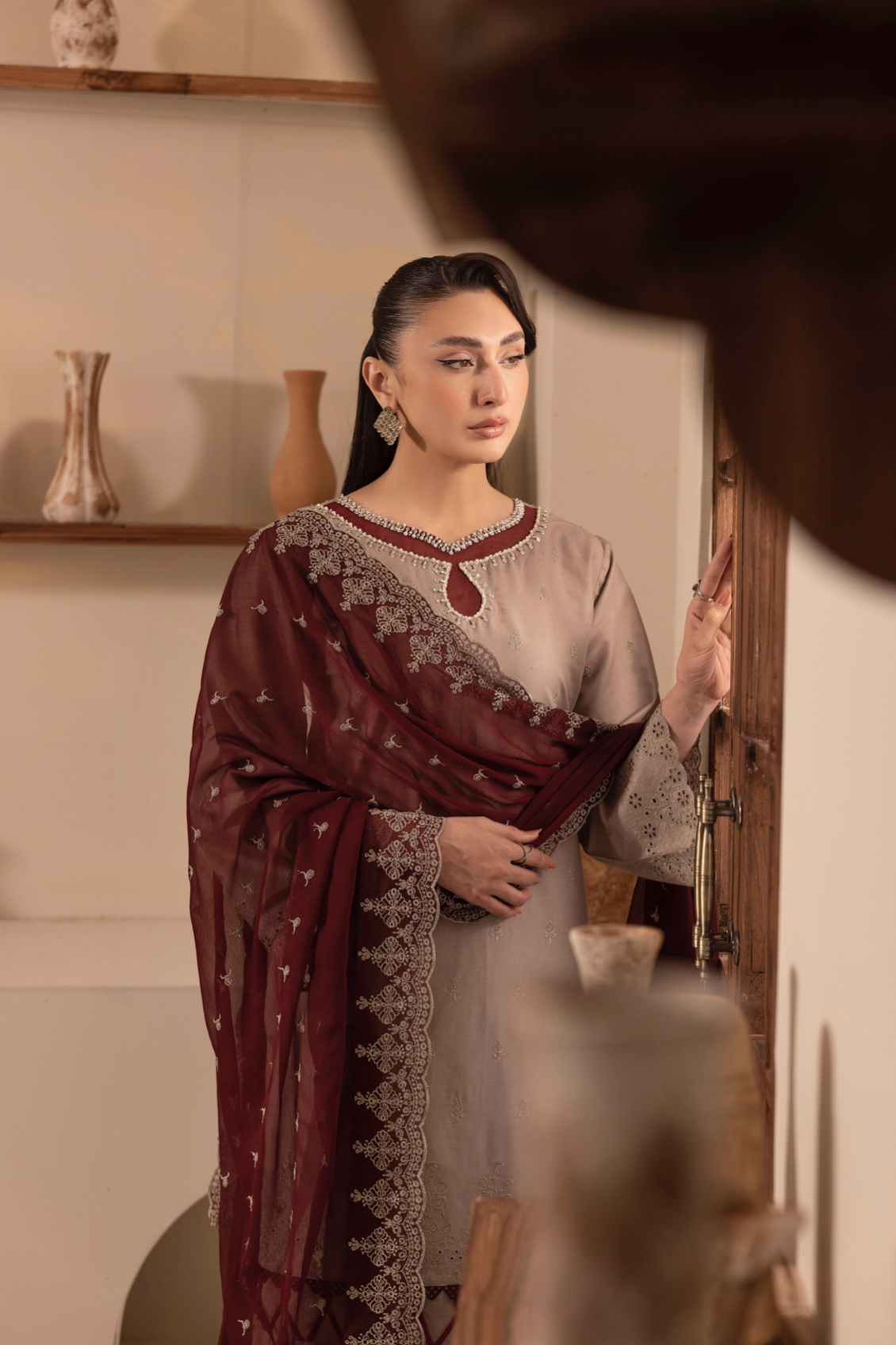 Stone Brown 'Schiffli' Cotton Ladies Suit