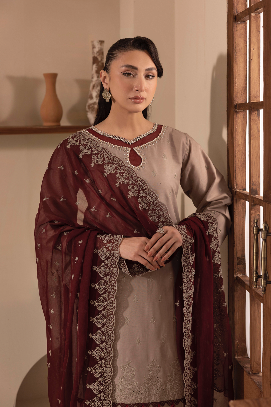 Stone Brown 'Schiffli' Cotton Ladies Suit