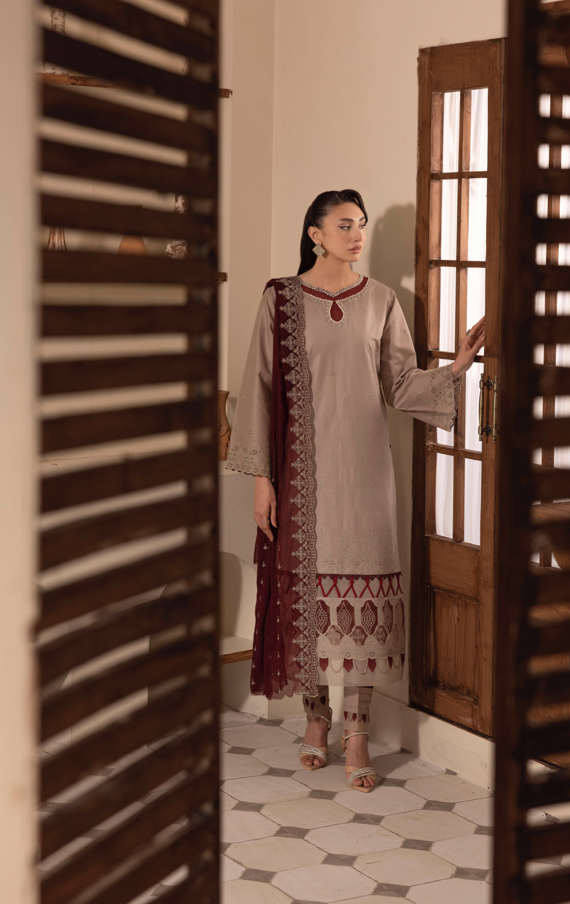 Stone Brown 'Schiffli' Cotton Ladies Suit
