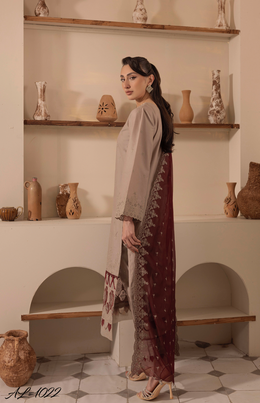 Stone Brown 'Schiffli' Cotton Ladies Suit