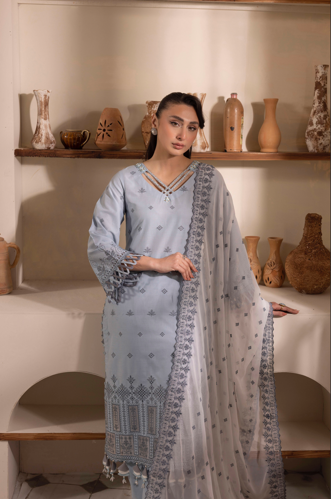 Blue 'Schiffli' Cotton Ladies Suit