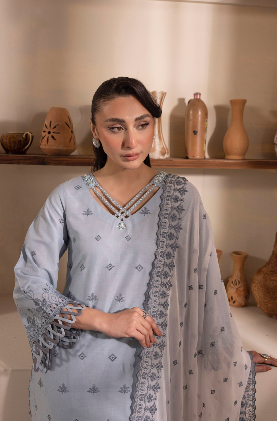 Blue 'Schiffli' Cotton Ladies Suit