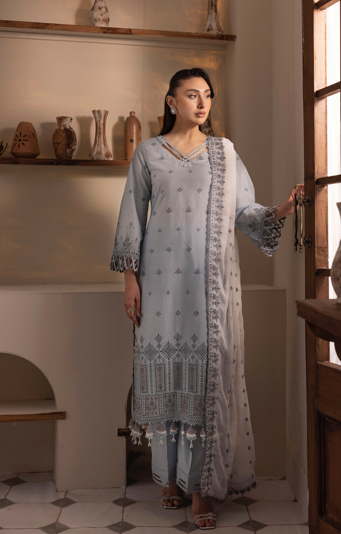 Blue 'Schiffli' Cotton Ladies Suit