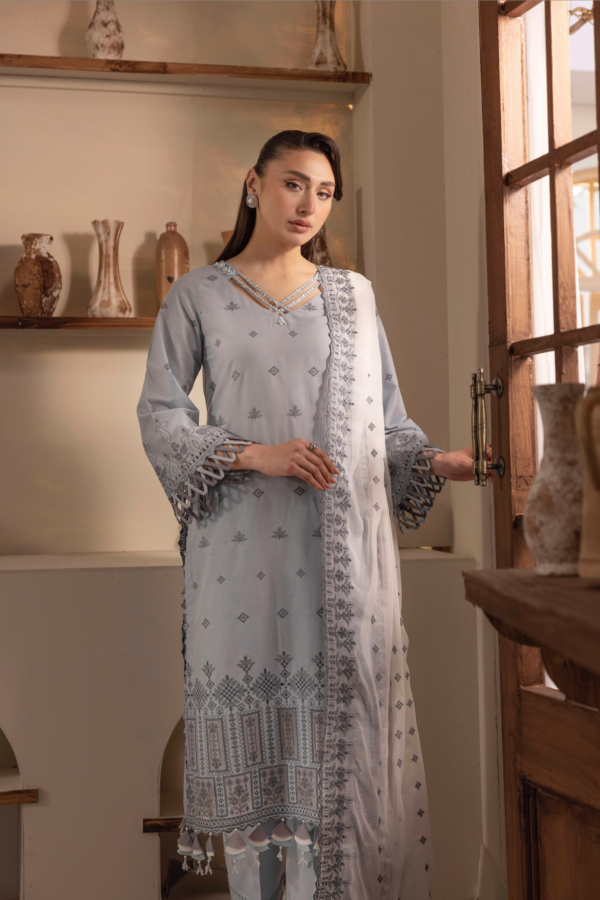 Blue 'Schiffli' Cotton Ladies Suit