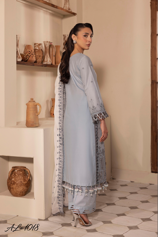 Blue 'Schiffli' Cotton Ladies Suit