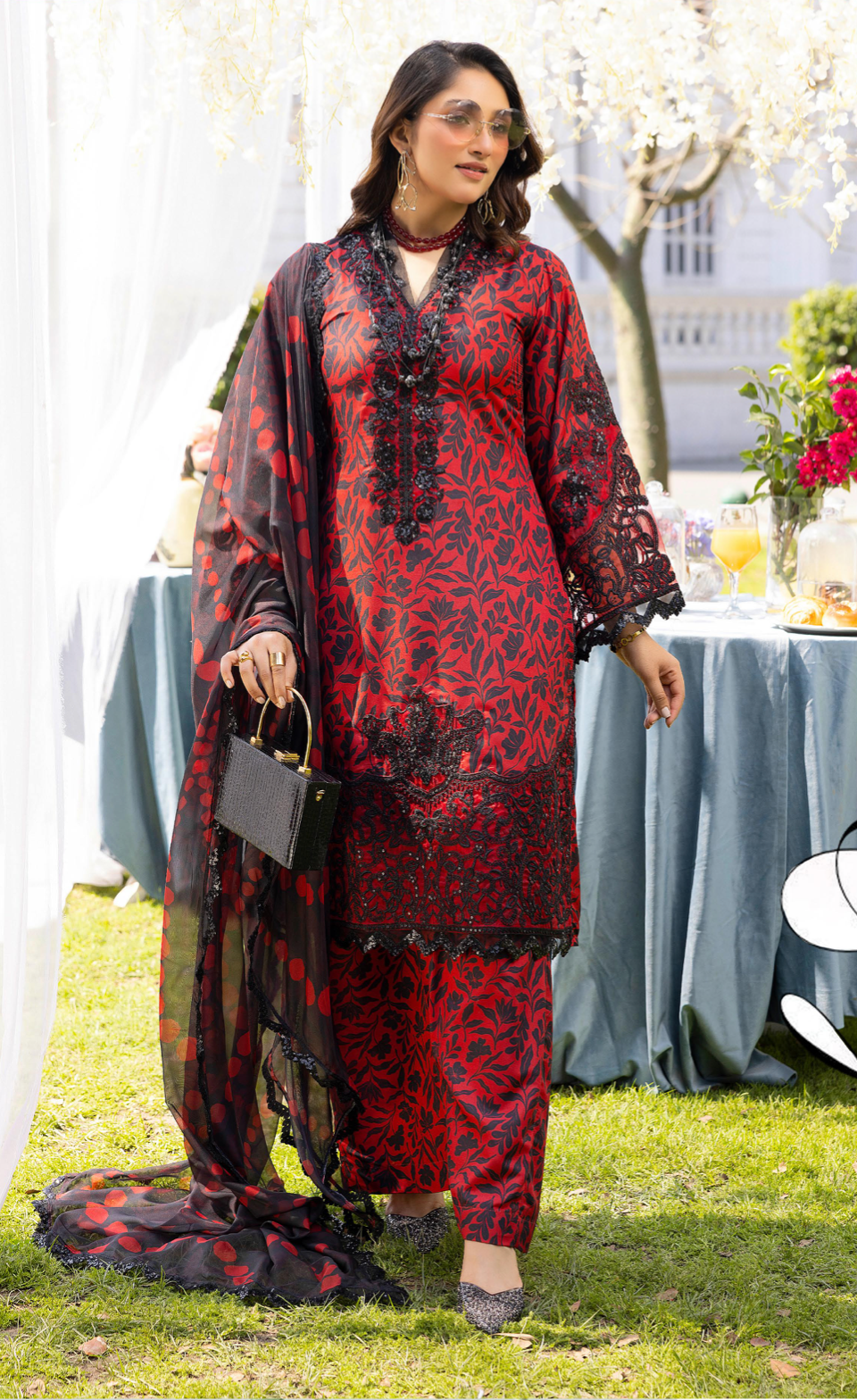 Red and Black 'Daisy' Viscose Ladies Suit
