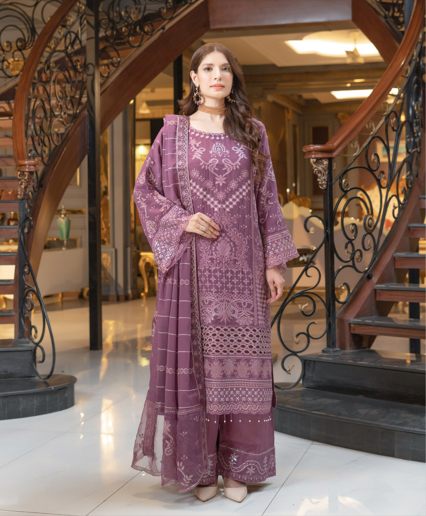 Purple Munira Designer Chiffon Ladies Suit