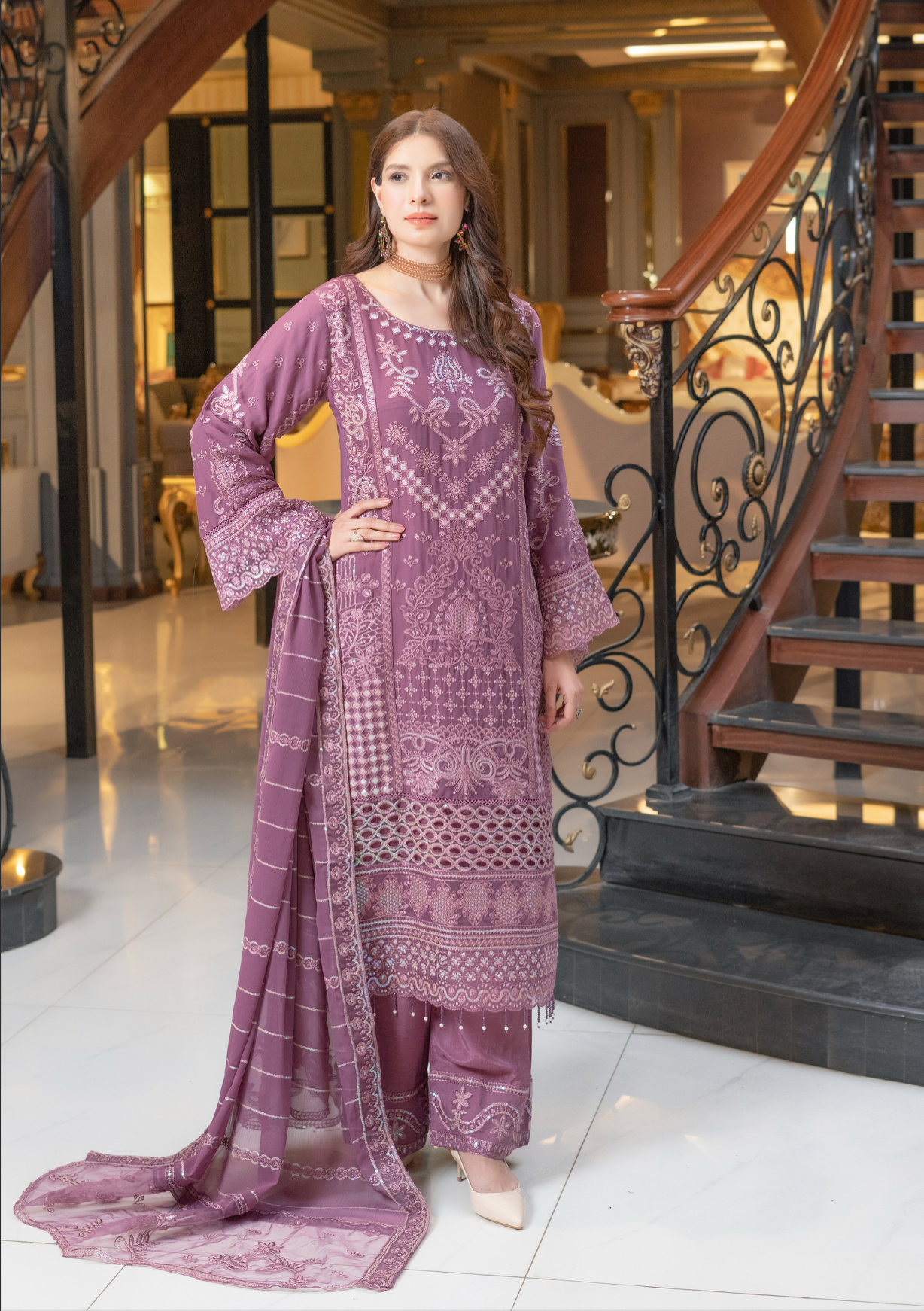 Purple Munira Designer Chiffon Ladies Suit