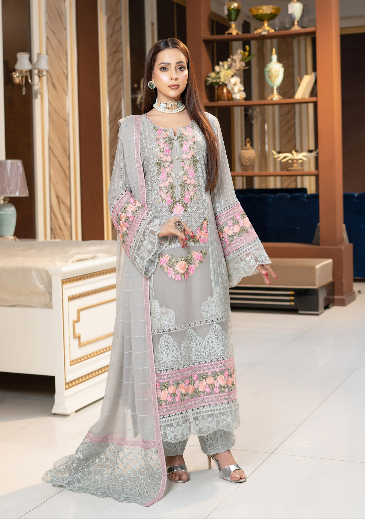 Grey Munira Designer Chiffon Ladies Suit