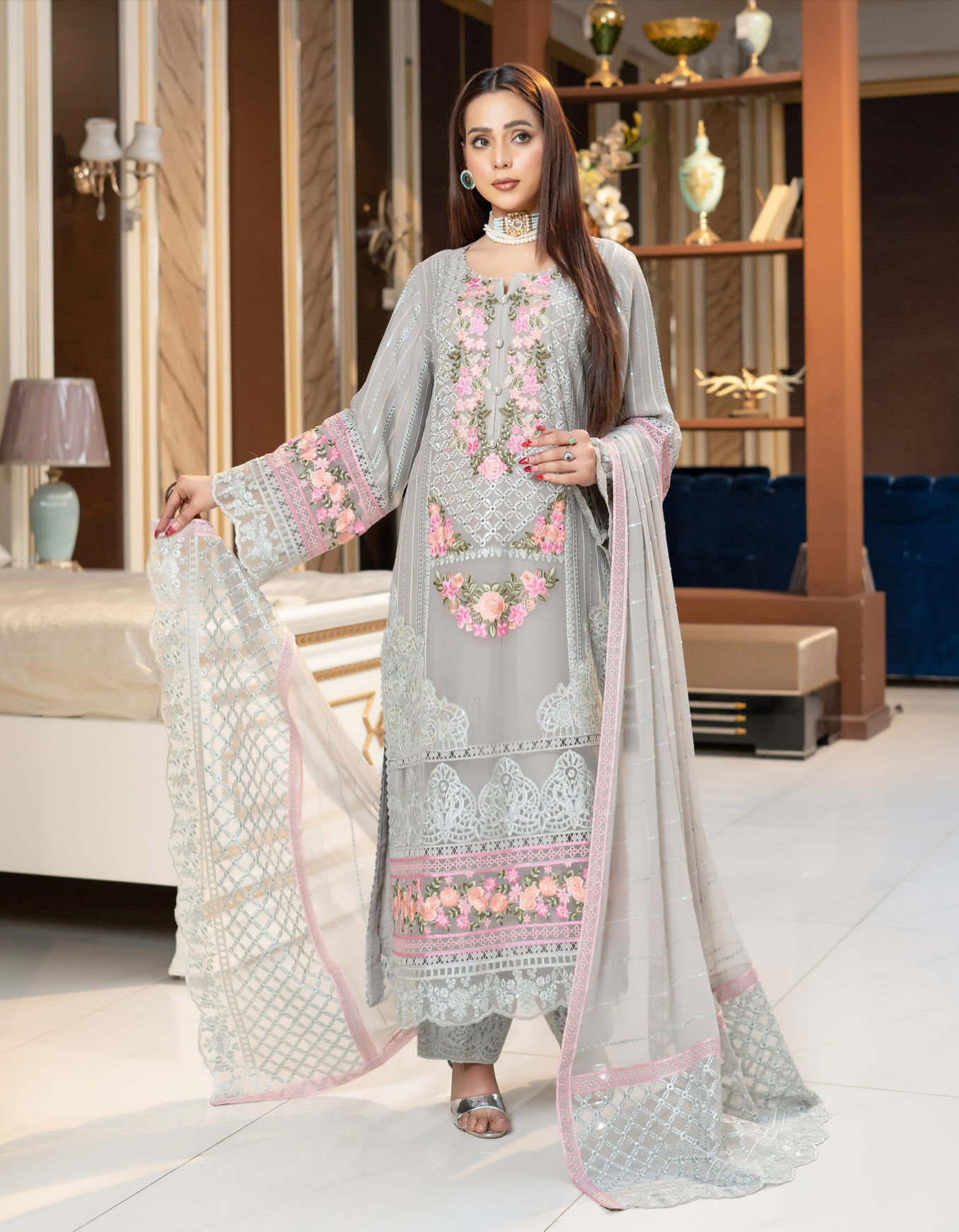 Grey Munira Designer Chiffon Ladies Suit