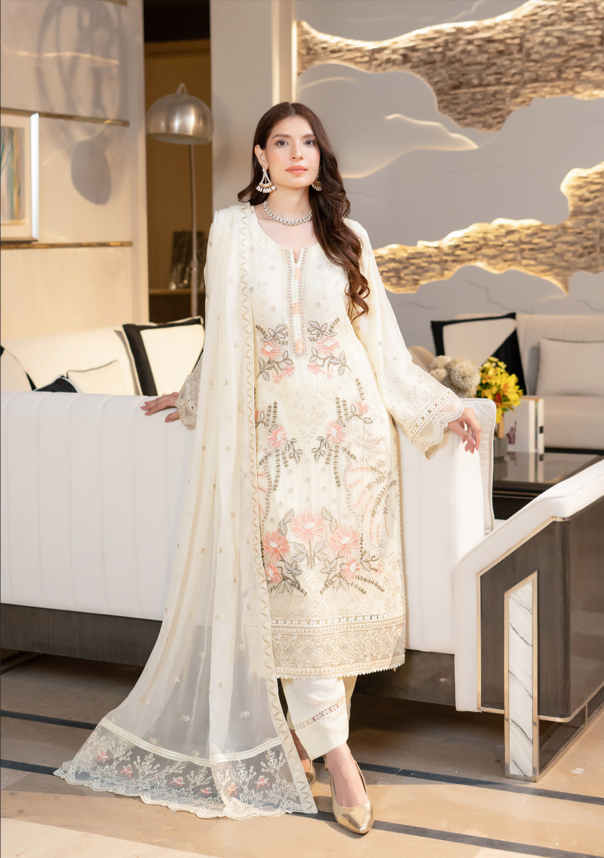 Cream Munira Designer Chiffon Ladies Suit