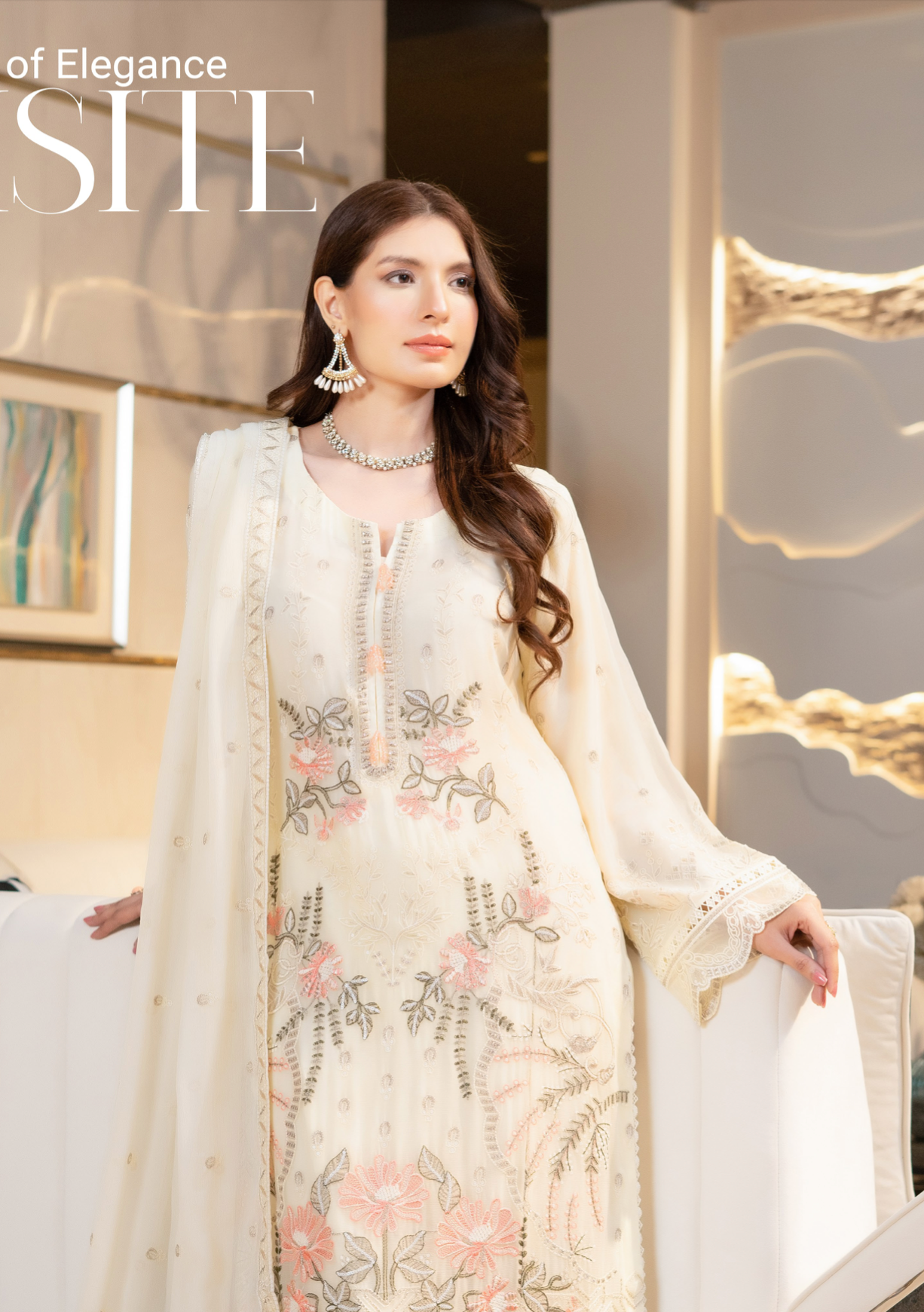 Cream Munira Designer Chiffon Ladies Suit