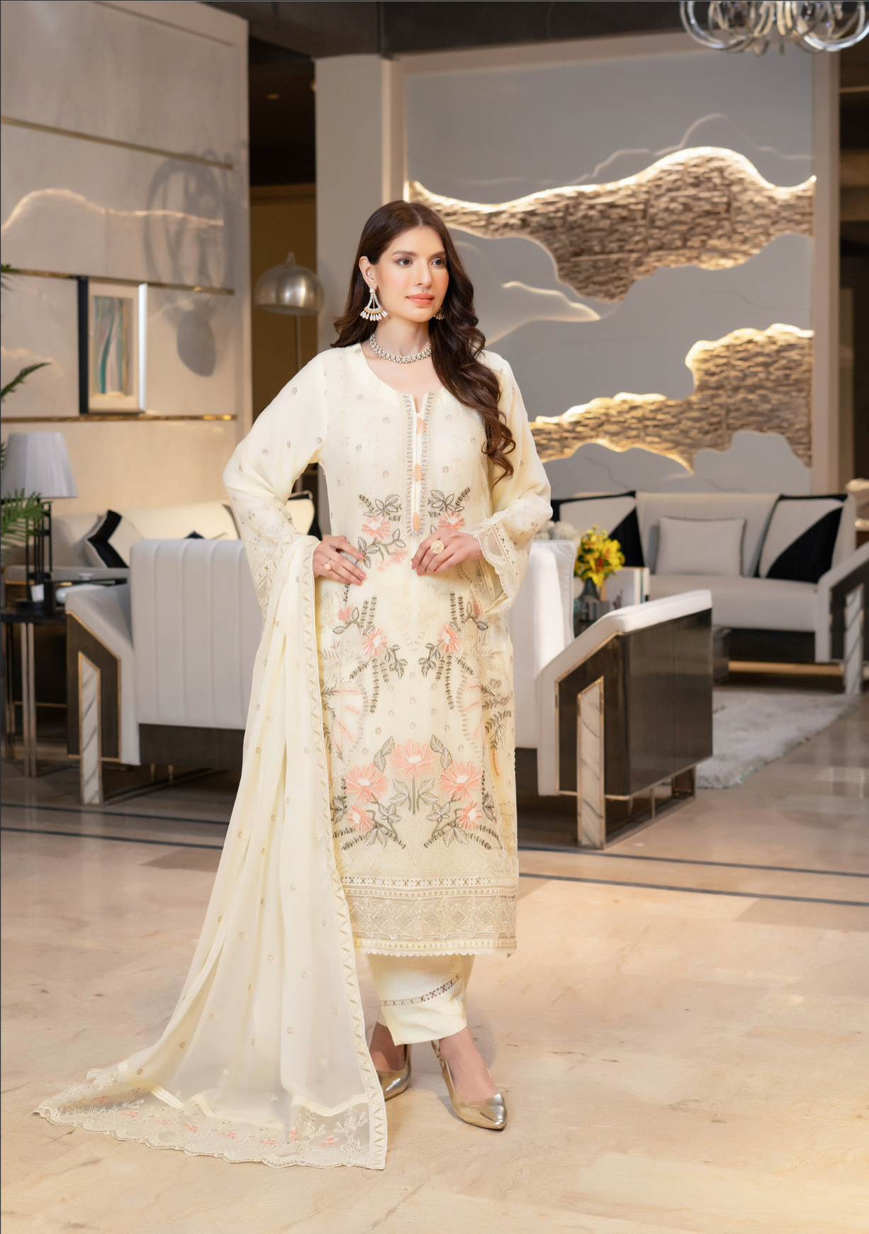 Cream Munira Designer Chiffon Ladies Suit
