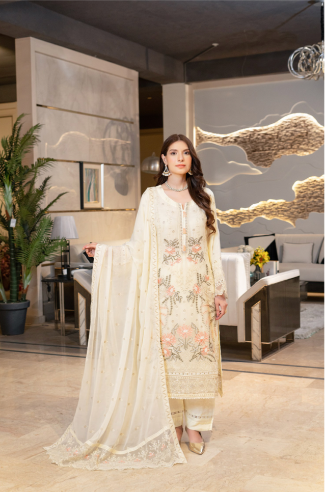 Cream Munira Designer Chiffon Ladies Suit