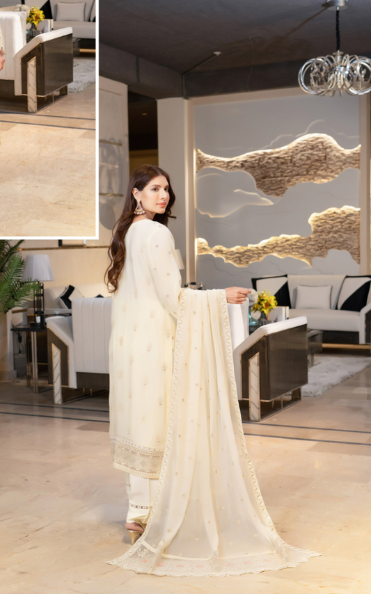 Cream Munira Designer Chiffon Ladies Suit