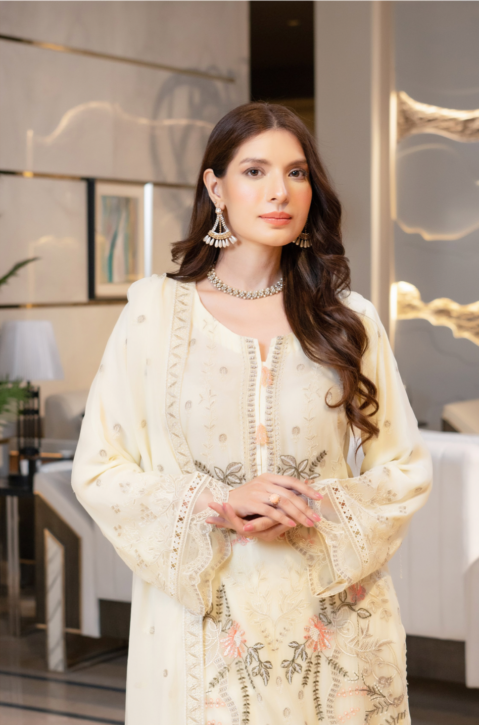 Cream Munira Designer Chiffon Ladies Suit