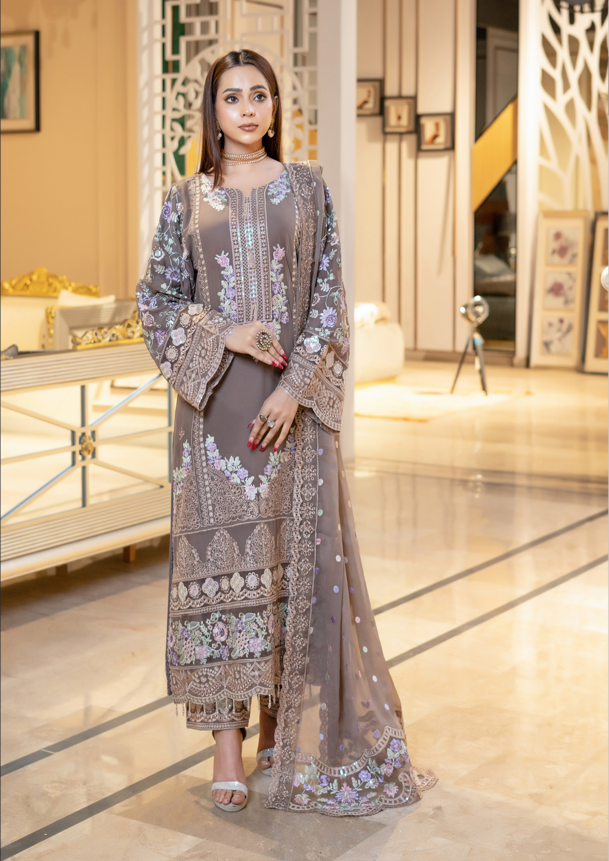 Taupe Brown Munira Designer Chiffon Ladies Suit