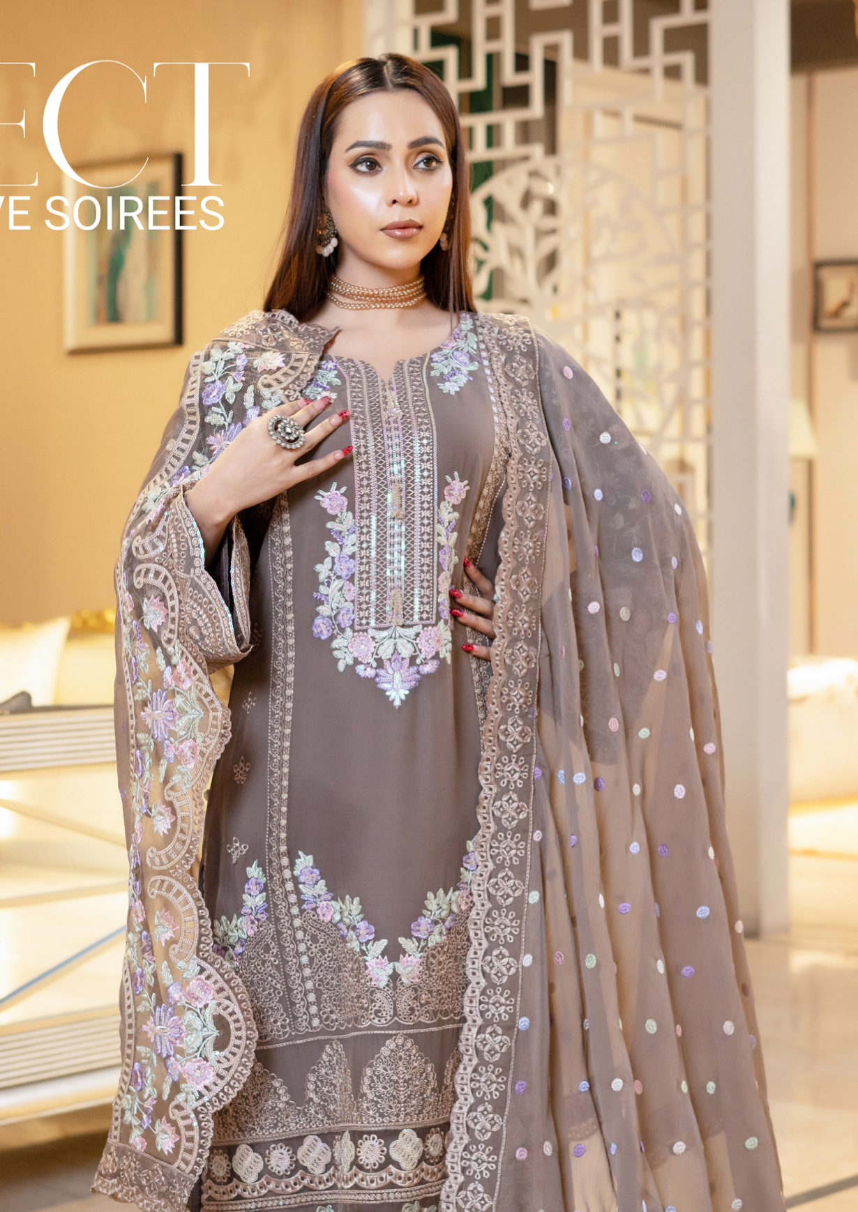 Taupe Brown Munira Designer Chiffon Ladies Suit